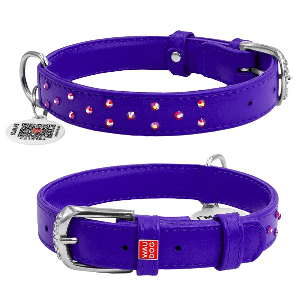 Ошейник для собак WAUDOG Glamour, с QR-паспортом, кожаный, с клеевыми стразами (XS, 9мм, 18-21см, фиолетовый)