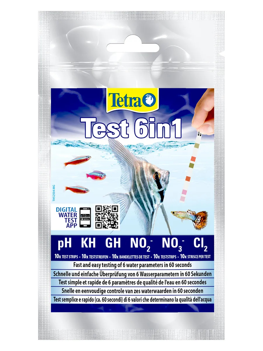 TetraTest 6 в 1 GH/KH/NO2/NO3/pH/Cl тестовые полоски для пресной воды 10 шт.