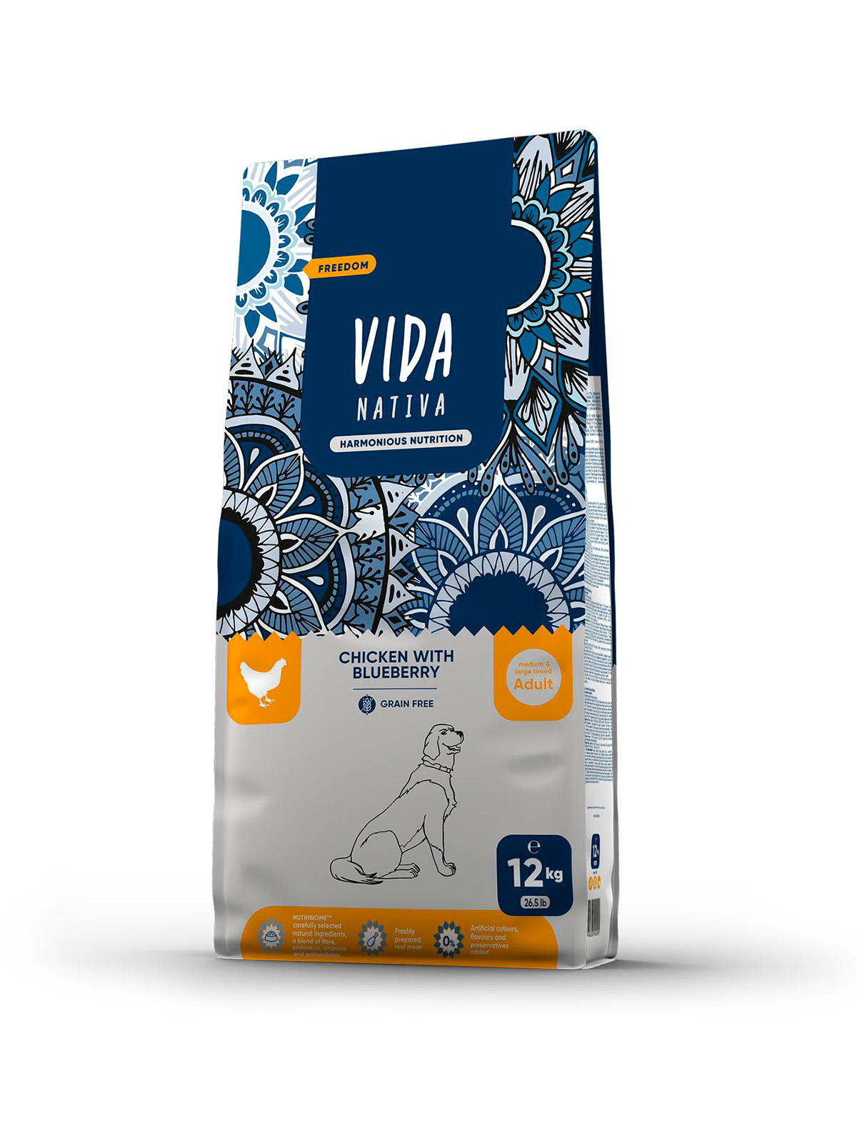 Сухой корм VIDA NATIVA для взрослых собак средних и крупных пород из курицы с черникой 12 кг