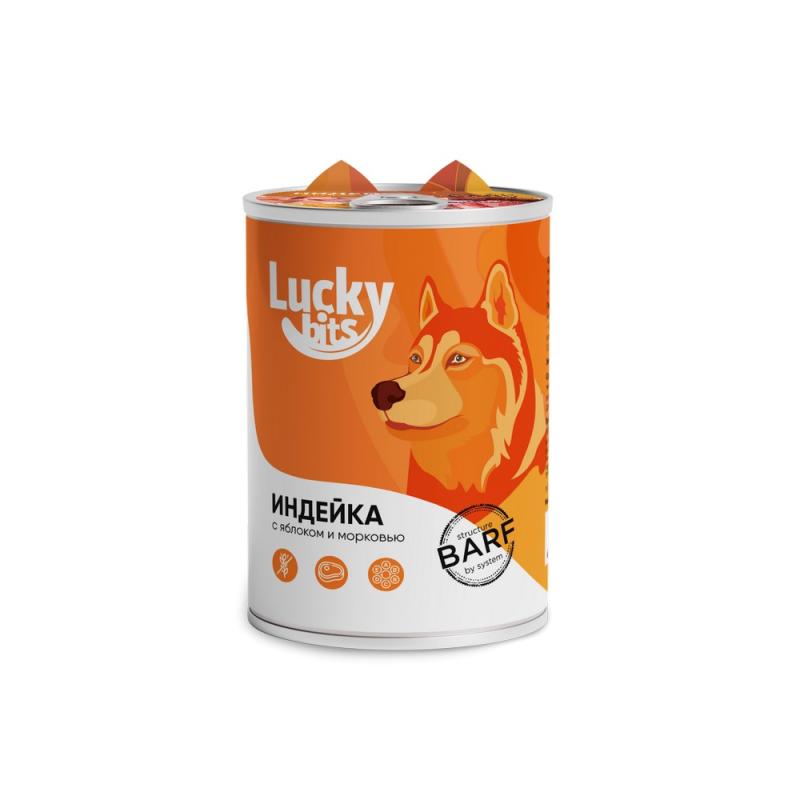Консервы для собак всех пород с 6 мес. Lucky bits индейка с яблоком и морковью, 400 г (Лаки битс)