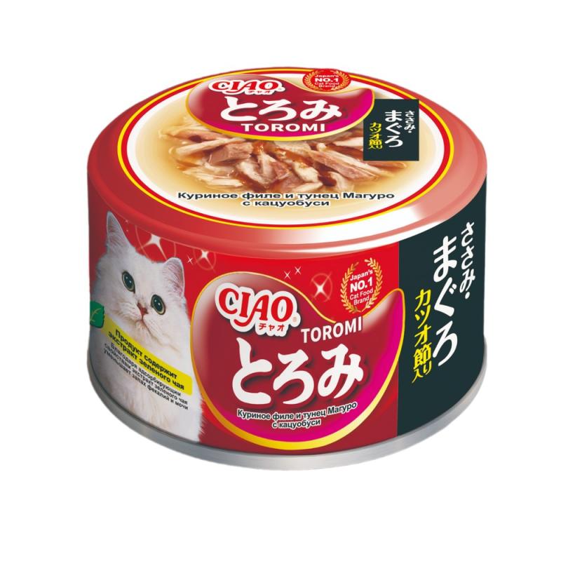 INABA CIAO Toromi Влажный корм для кошек, куриное филе и тунец Магуро с кацуобуси в бульоне, 80 г