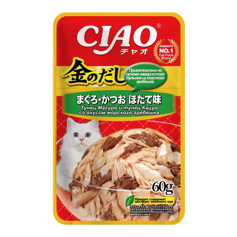 INABA CIAO Kin no dashi Влажный корм для кошек, тунец Магуро и тунец Кацуо со вкусом морского гребешка, 60 г