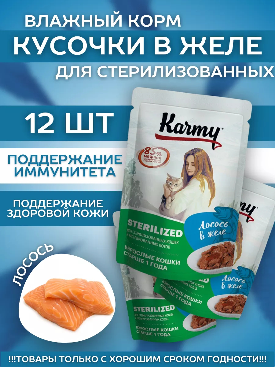 KARMY Влажный корм для стерилизованных кошек, лосось в желе, 80гр