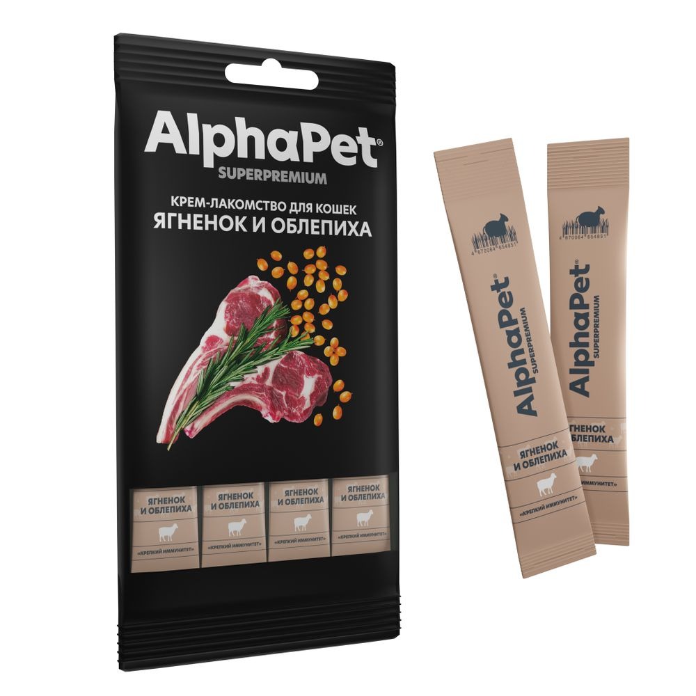 AlphaPet Крем-лакомство для кошек с ягненком и облепихой 4х12 г