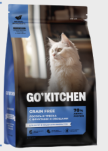 GO'KITCHEN Беззерновой корм Для котят и кошек всех возрастов с лососем, треской, фруктами и овощами,  1.36кг