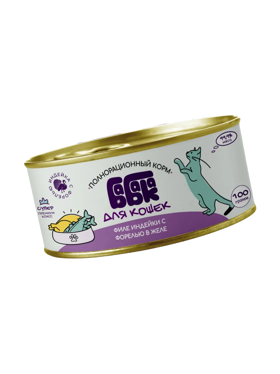 Бабака Влажный корм для кошек, филе индейки с форелью, 100 гр