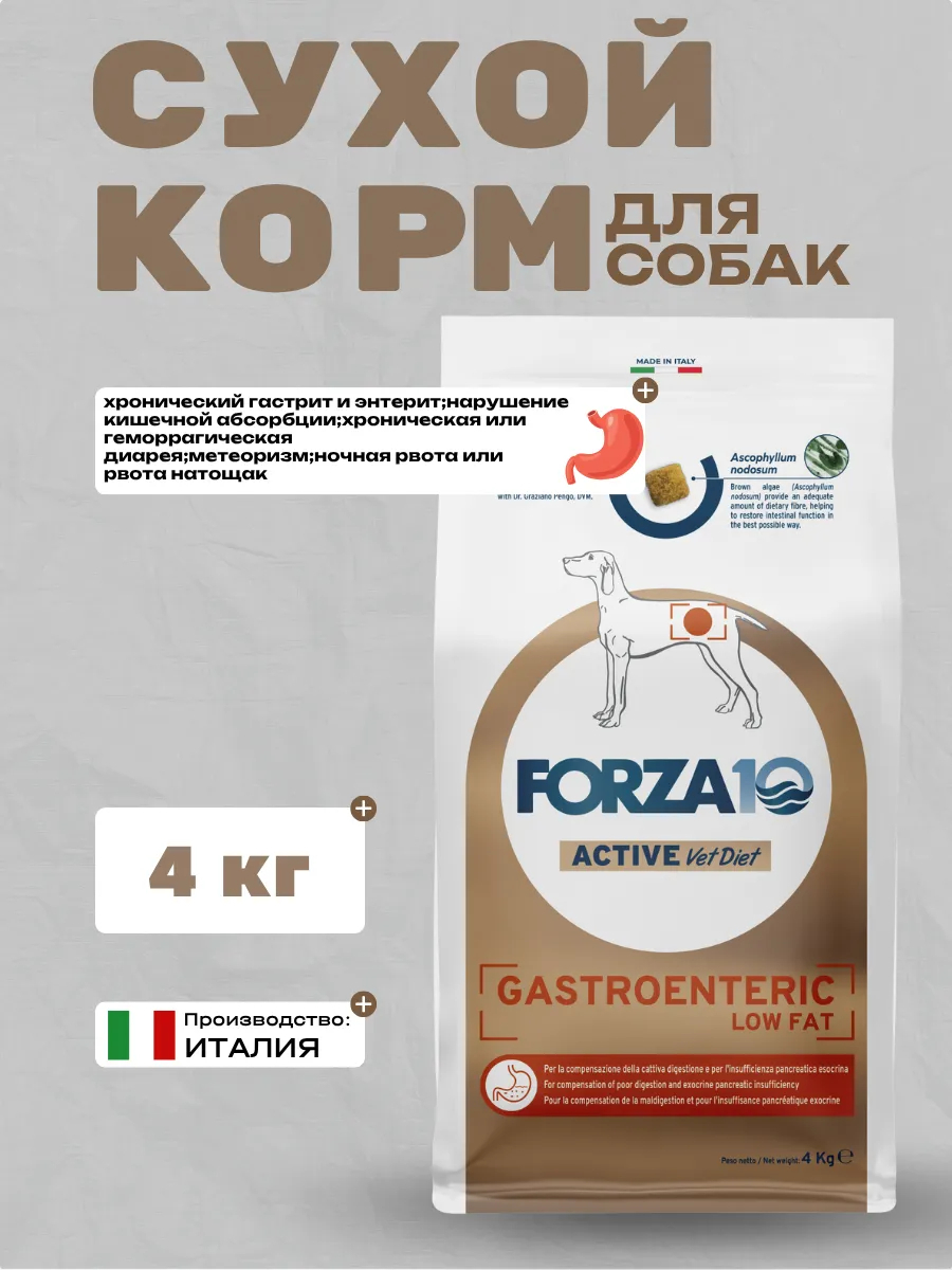 Forza10 Forza ActiveVetdiet  Gastroenteric Low Fat Сухой корм для собак при трудностях с пищеварением 4кг
