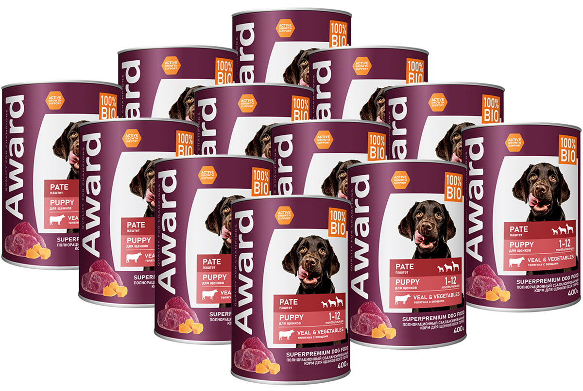 AWARD Влажный корм для щенков паштет телятина с овощами 12шт-400г 2039262892571 4620202540546