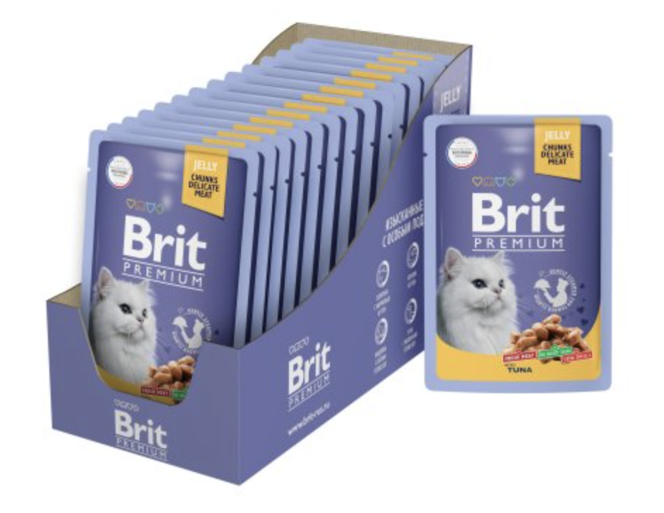 Brit Premium паучи для взрослых кошек с тунцом кусочки в желе - 85 г х 14 шт