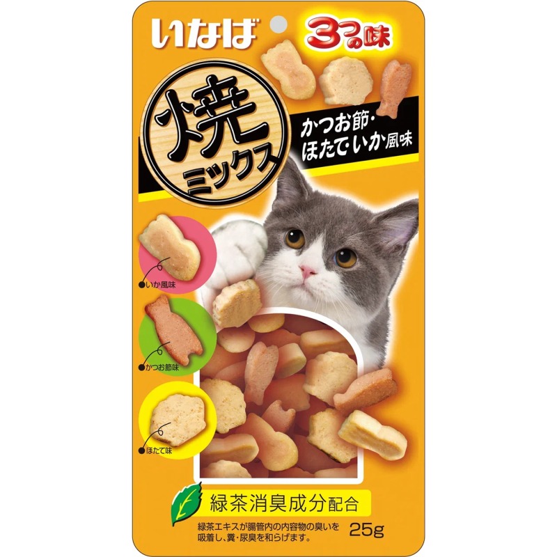 INABA CIAO Yakimiksu Лакомство запеченное  ассорти для кошек cо вкусом кацуобуси, морского гребешка и кальмара, 25 г 4901133635762