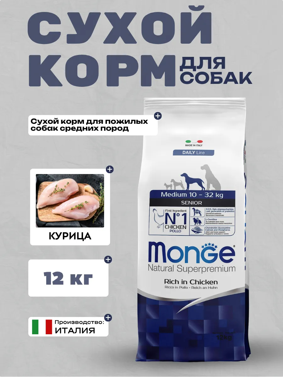 Сухой корм Monge Dog Daily Line Medium для пожилых собак средних пород, из курицы 12 кг