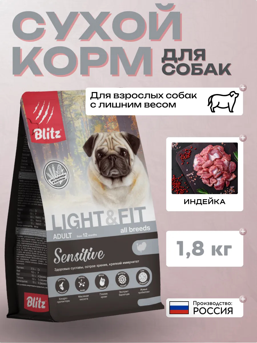 BLITZ Sensitive Blitz Adult LIGHT&FIT Sensitive корм для взрослых собак всех пород с лишним весом, 1,8 кг