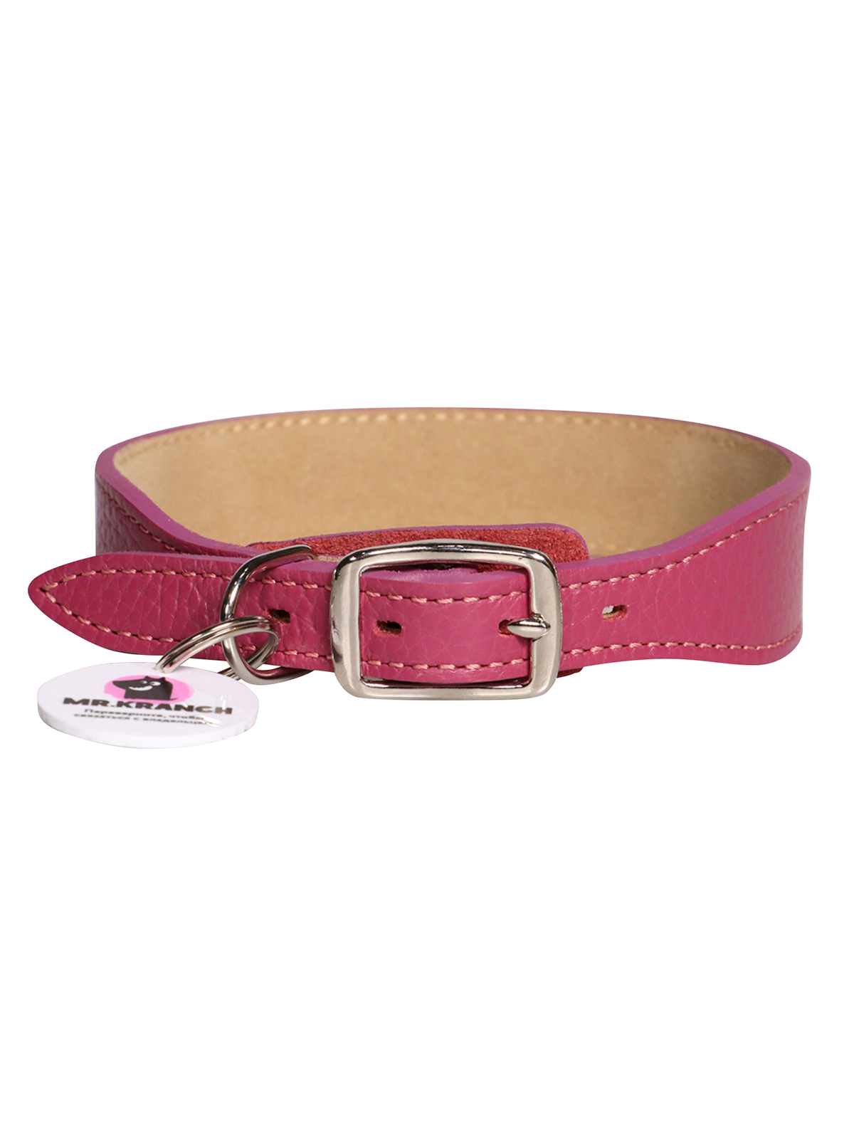 Ошейник Mr.Kranch для собак из натуральной кожи с QR-адресником, 30-35см, малиновый