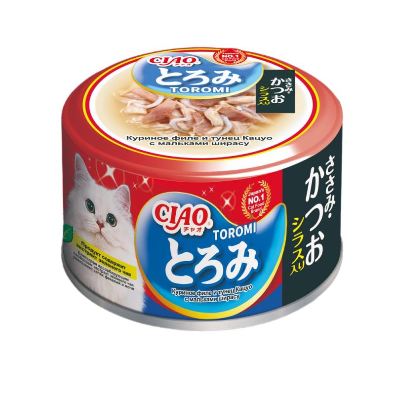 INABA CIAO Toromi Влажный корм для кошек, куриное филе и тунец Кацуо с мальками ширасу в бульоне,  80 г
