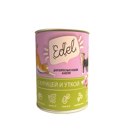 Edel Эдель Консервы для взрослых кошек кусочки в соусе, с курицей и уткой, 400 г