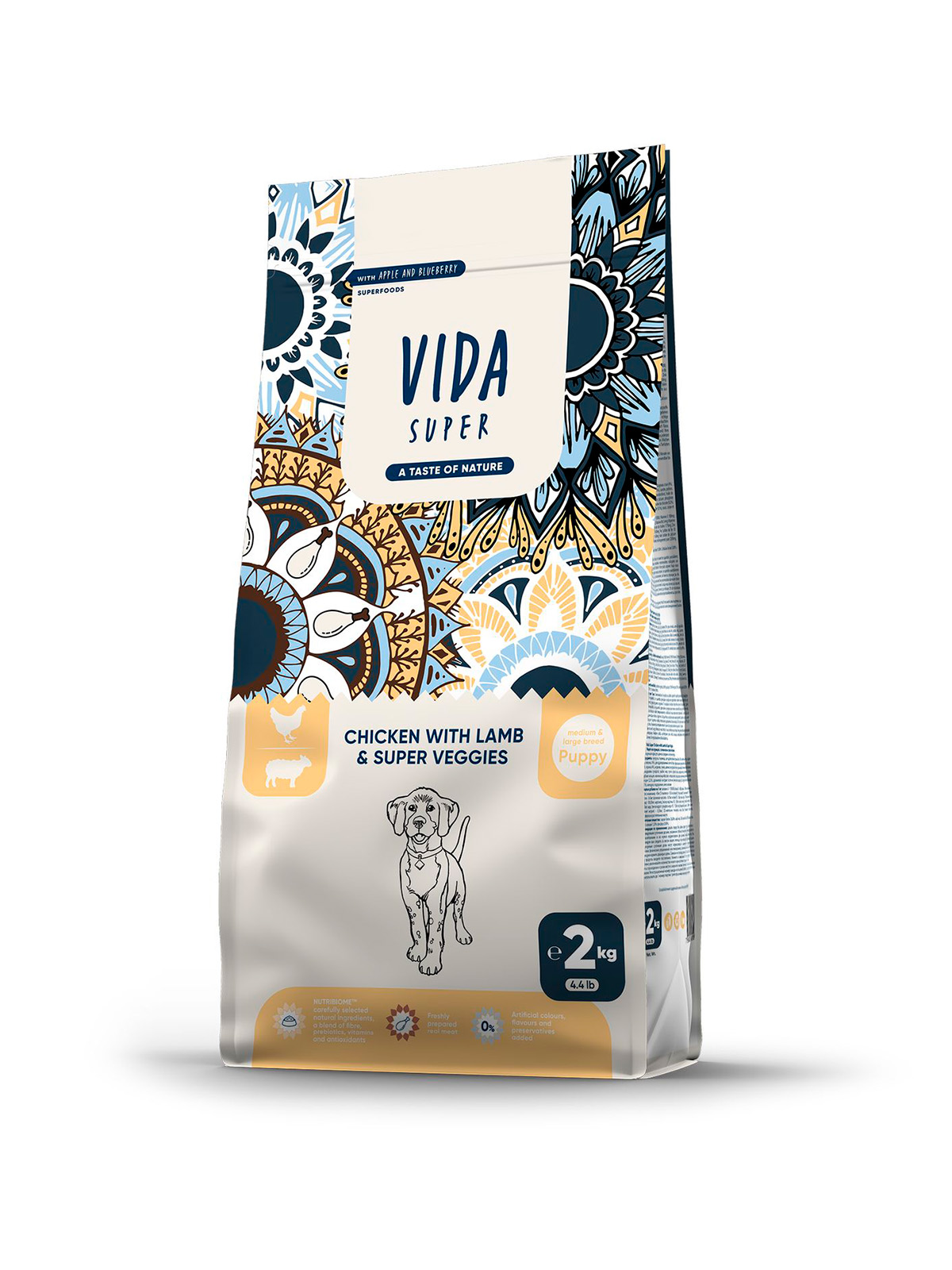 Сухой корм VIDA SUPER для щенков средних и крупных пород из курицы с ягненком и овощами 2 кг