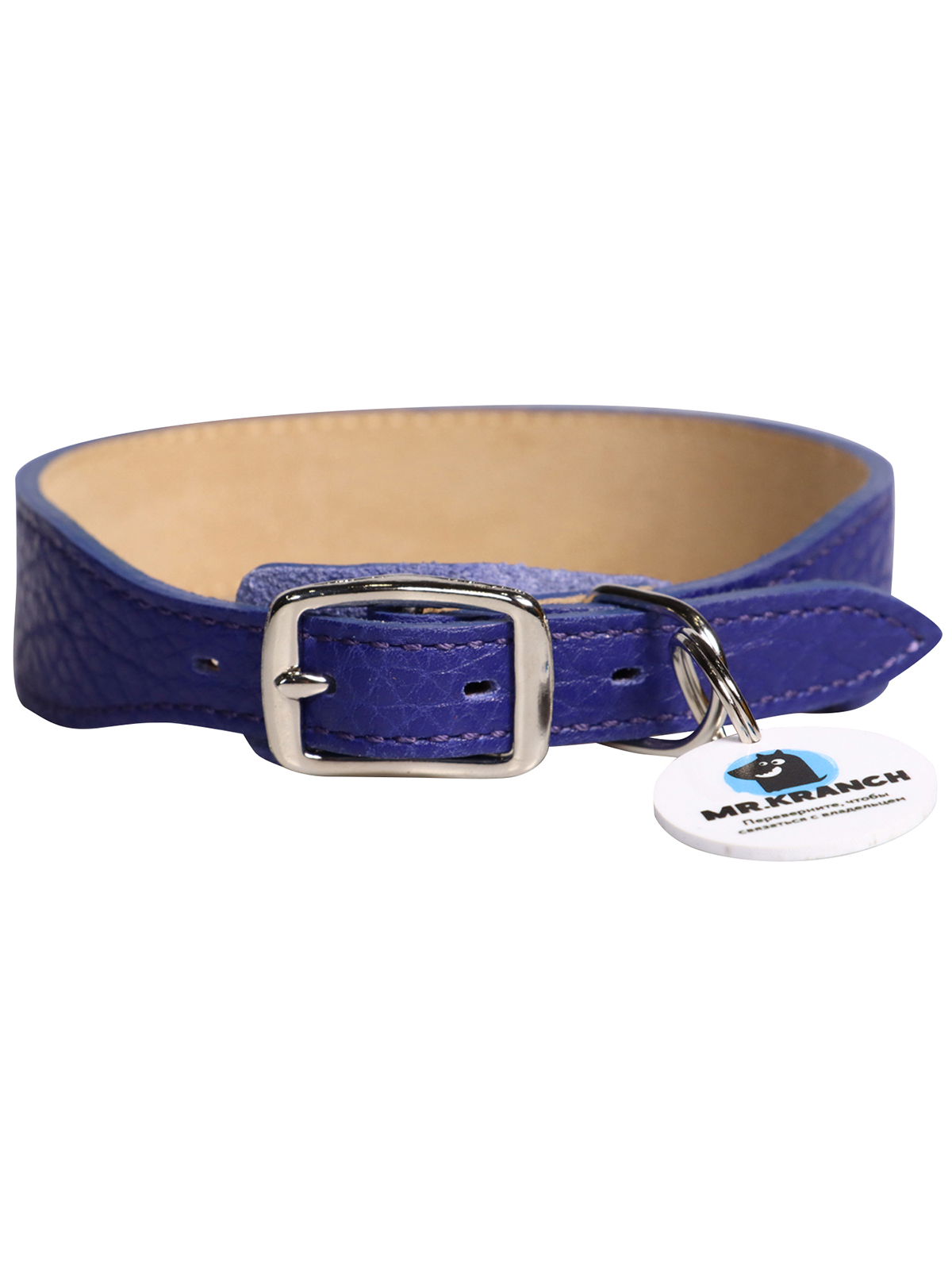 Ошейник Mr.Kranch для собак из натуральной кожи с QR-адресником, 20-24см, синий
