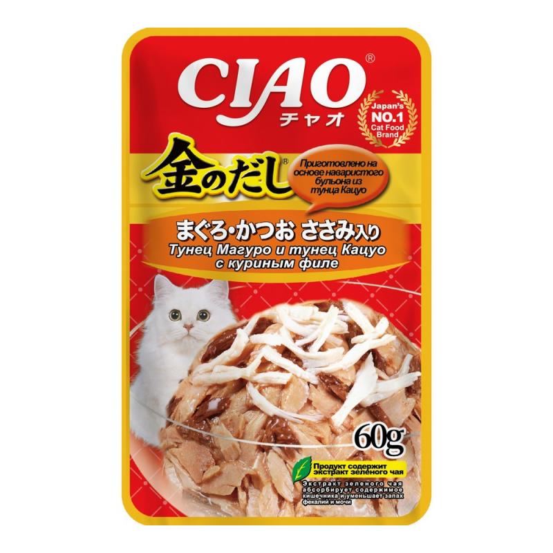 INABA CIAO Kin no dashi Влажный корм для кошек, тунец Магуро и тунец Кацуо с куриным филе,  60 г