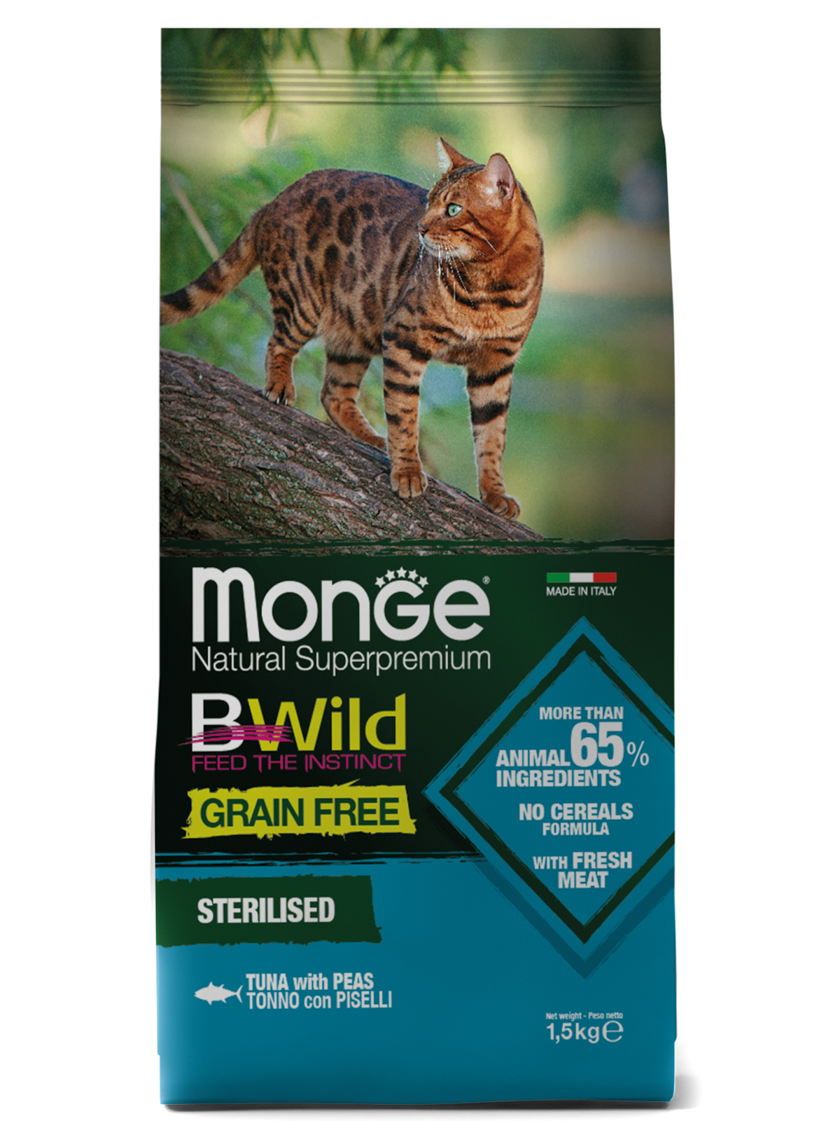 Сухой корм Monge Cat BWild GRAIN FREE для стерилизованных кошек, беззерновой, из тунца, 1,5 кг