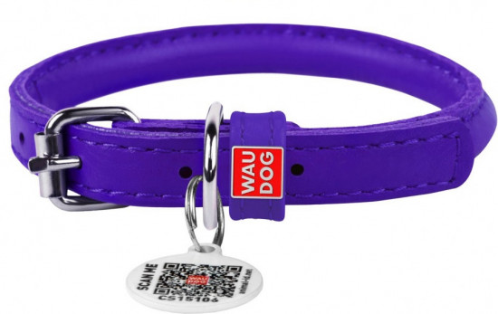 Ошейник для собак WAUDOG Glamour, с QR-паспортом, кожаный, круглый (XS, 6мм, 17-20см, фиолетовый)