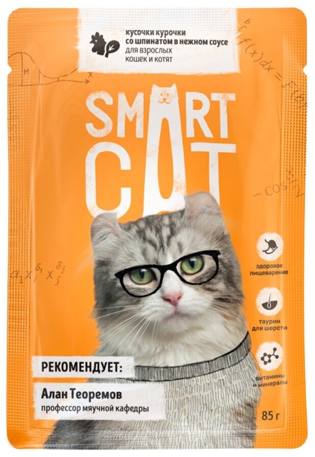 Smart Cat Влажный корм для кошек и котят, с курочкой и шпинатом в соусе, 1шт-85г 4607258891228