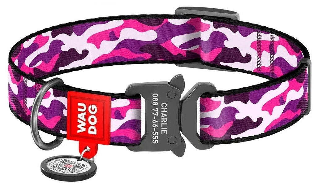 Ошейник для собак WAUDOG Nylon "Розовый камо", с QR-паспортом, нейлоновый, металлический замок (S, ширина 15мм, длина 23-35см)