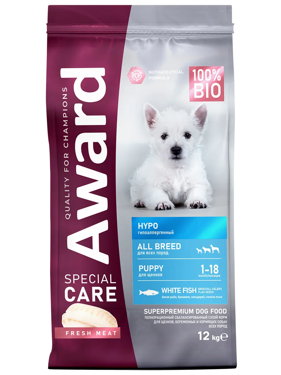Сухой корм AWARD SPECIAL CARE HYPO PUPPY со свежей белой рыбой для щенков от 1 мес., беременных и кормящих собак всех пород, склонных к аллергии 12кг