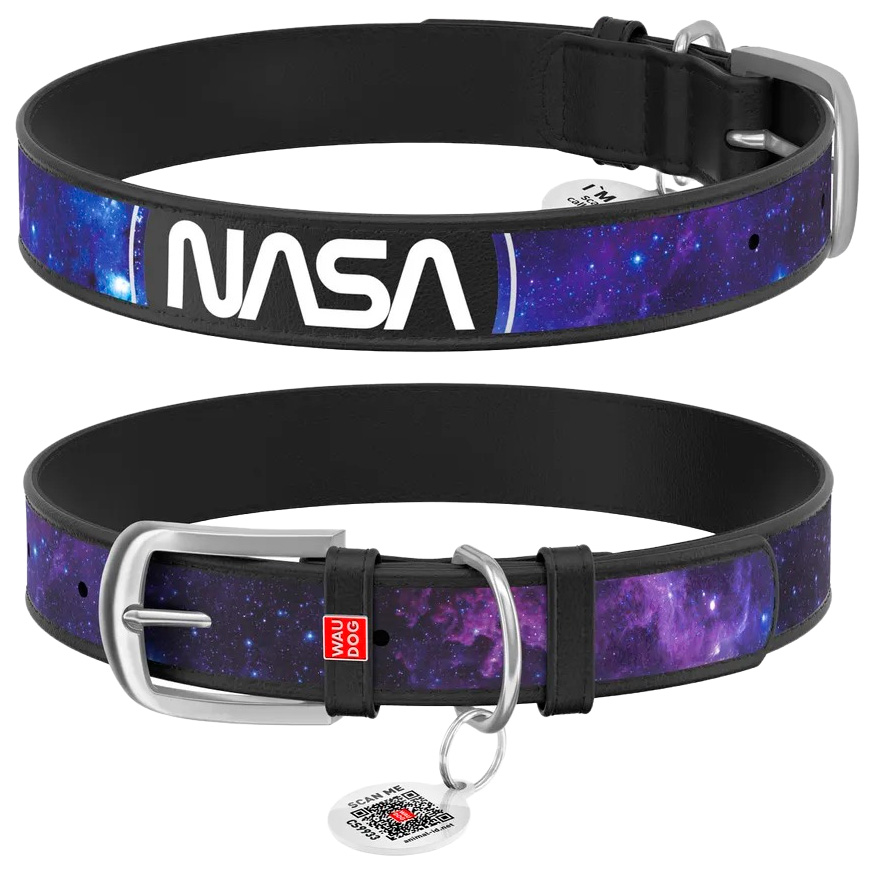 Ошейник для собак WAUDOG Design "NASA21", с QR-паспортом, кожаный (черный, L)