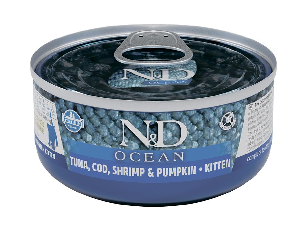 FARMINA Влажный корм для котят Farmina N&D Ocean, беззерновой, тунец с треской, креветками и тыквой, холистик, для беременных и кормящих, 70 г