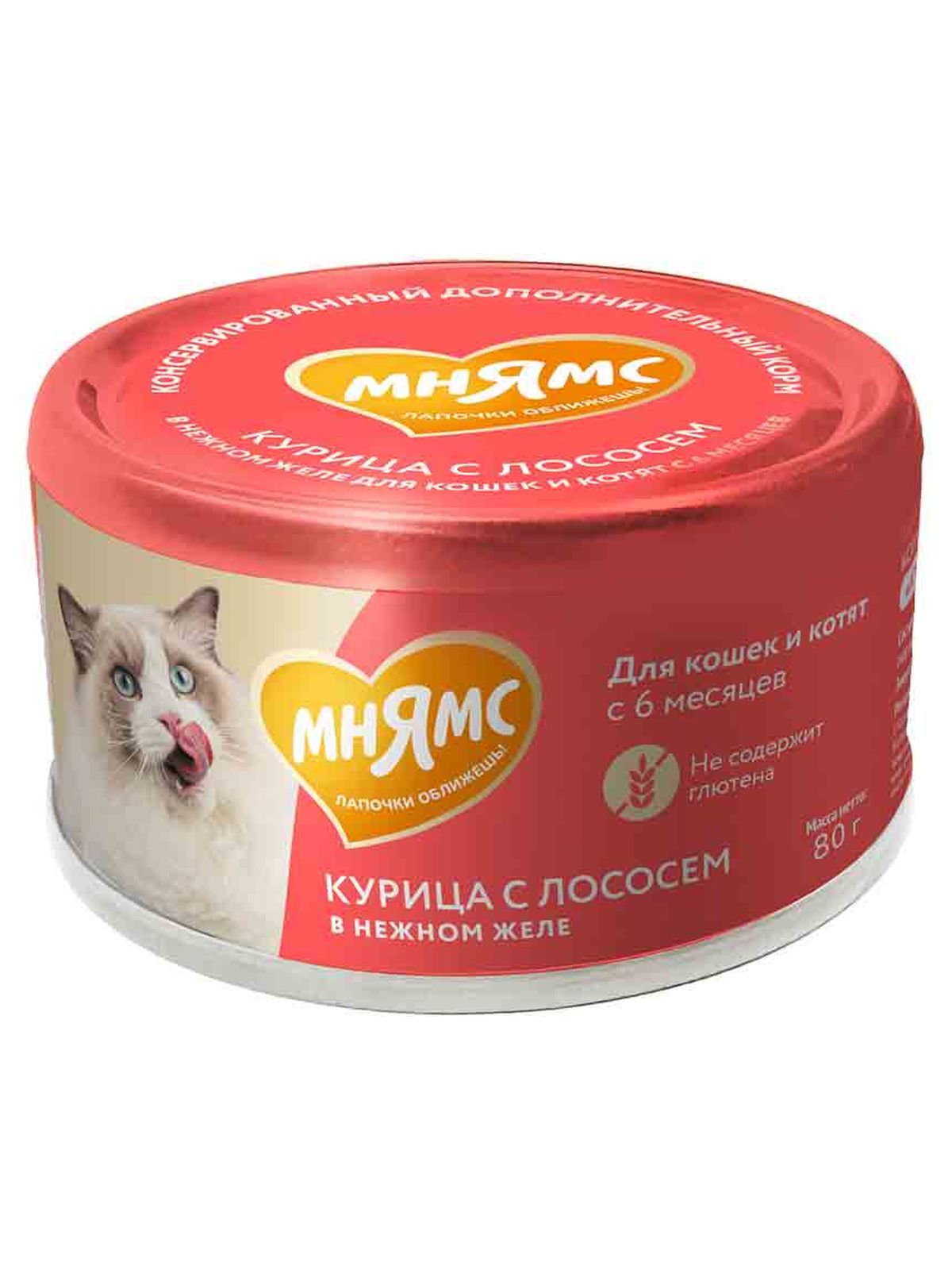 Мнямс Влажный корм  для кошек и котят старше 6 месяцев, курица с лососем в нежном желе, 80 г