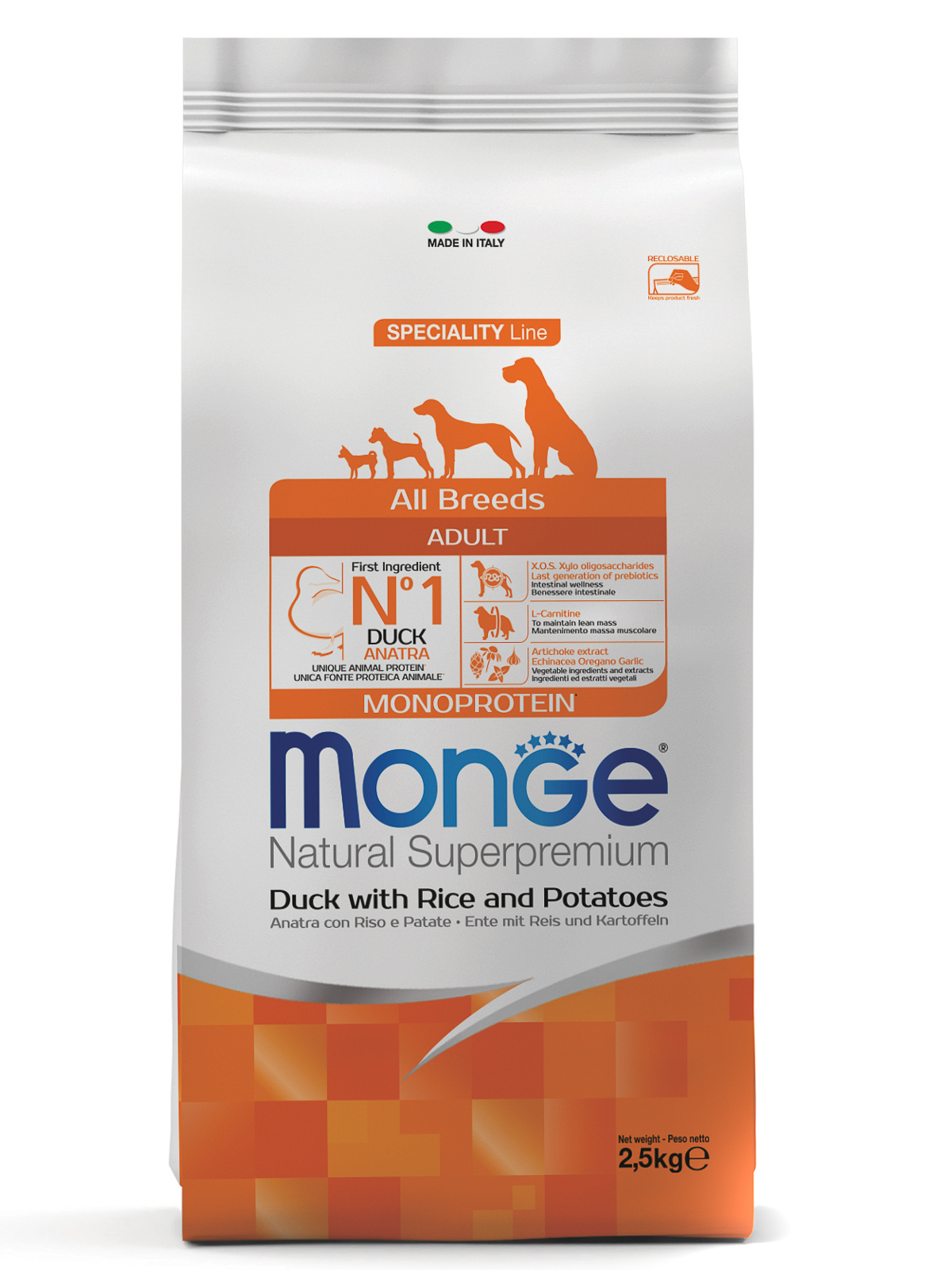 Сухой корм Monge Dog Speciality Line Monoprotein для взрослых собак всех пород, из утки с рисом и картофелем 2,5 кг