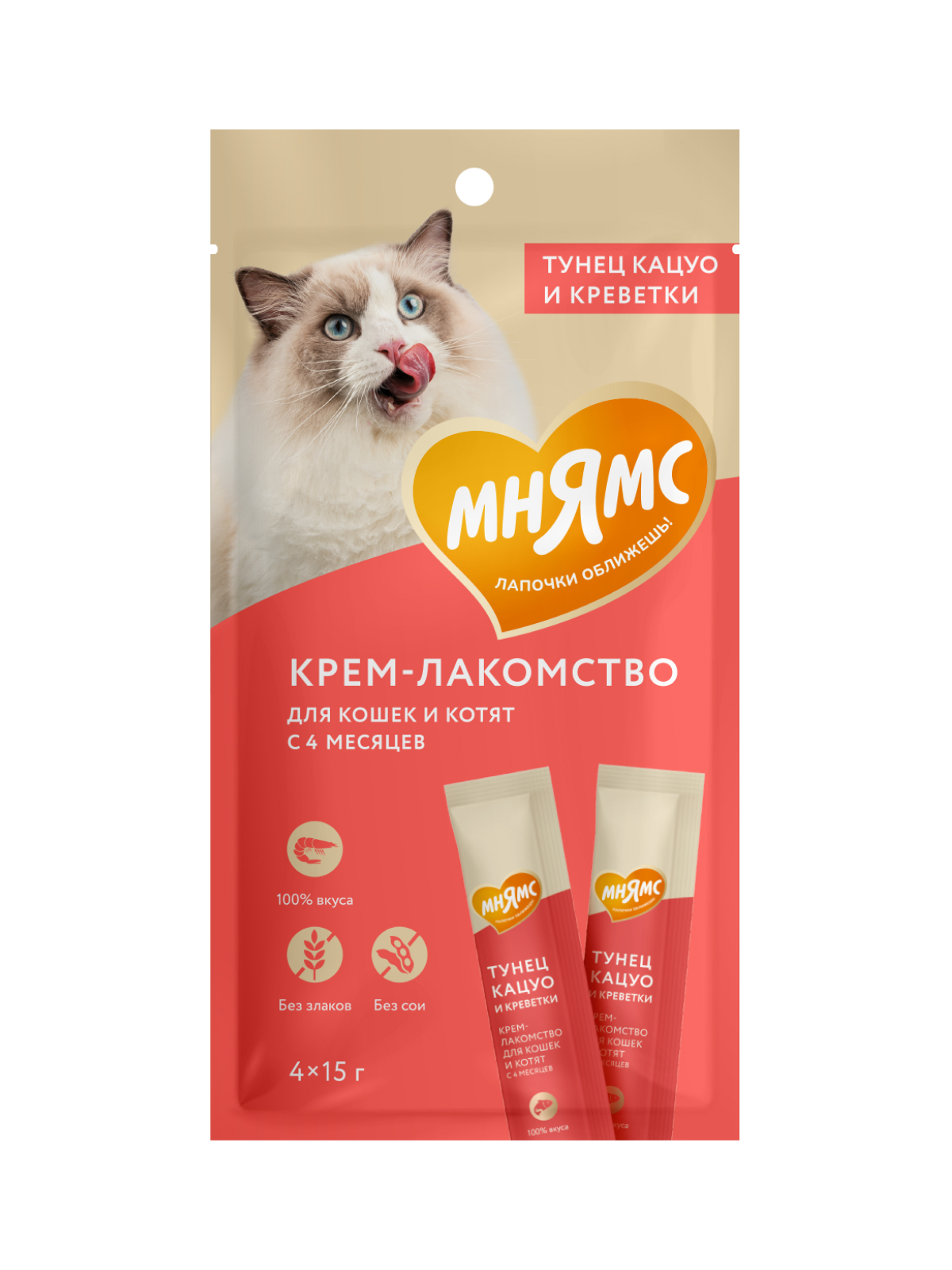 Мнямс Крем-Лакомство для кошек с тунцом Кацуо и креветками 15 г х 4 шт.