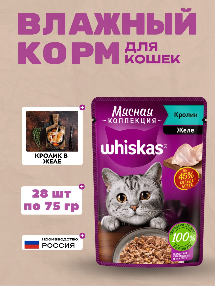 WHISKAS Влажный корм для кошек Мясная Коллекция Кролик 28шт-75гр