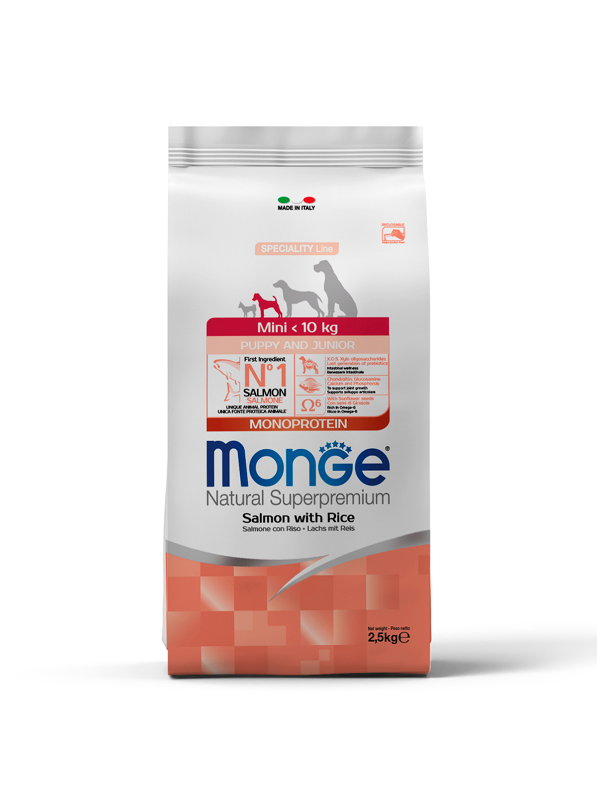 Сухой корм Monge Dog Speciality Line Monoprotein для щенков мелких пород, из лосося с рисом 2,5 кг