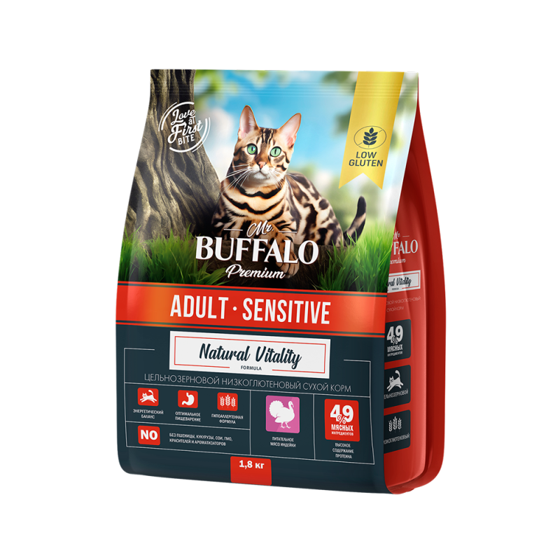 Mr.Buffalo Sensitive Сухой корм для кошек с индейкой 1,8 кг