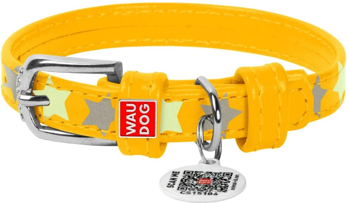 Ошейник для собак WAUDOG Glamour, с QR-паспортом, кожаный, с узором "Звездочка", светящийся (M, 25мм, 38-49см, оранжевый)