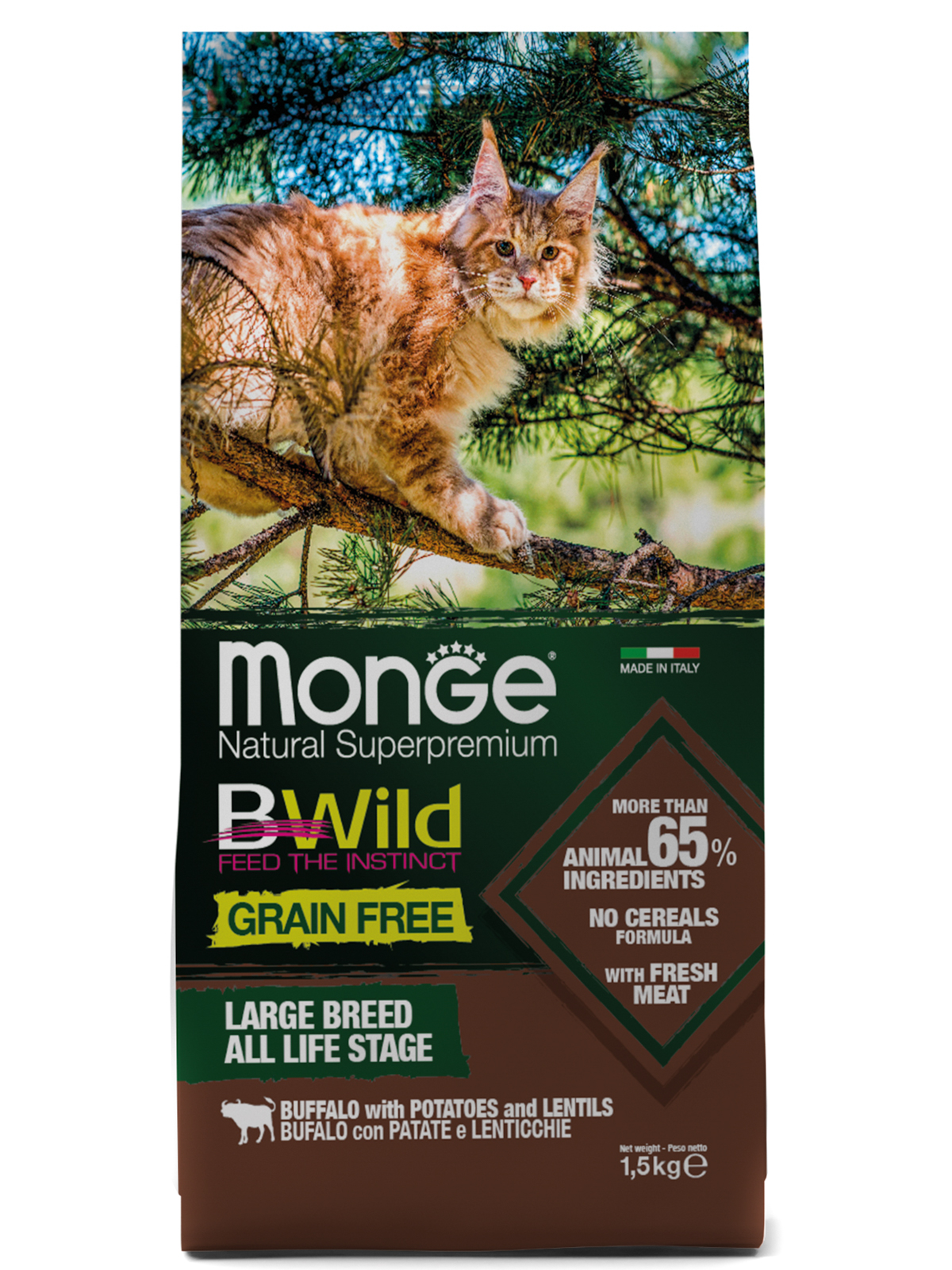 Сухой корм Monge Cat BWild GRAIN FREE для котят и крупных кошек, беззерновой, из мяса буйвола, 1,5 кг