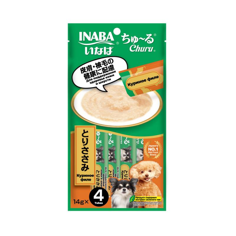 Inaba Крем-лакомство INABA Churu пюре для собак Куриное филе для здоровья кожи и шерсти, 14 г х 4 шт. 4901133947452