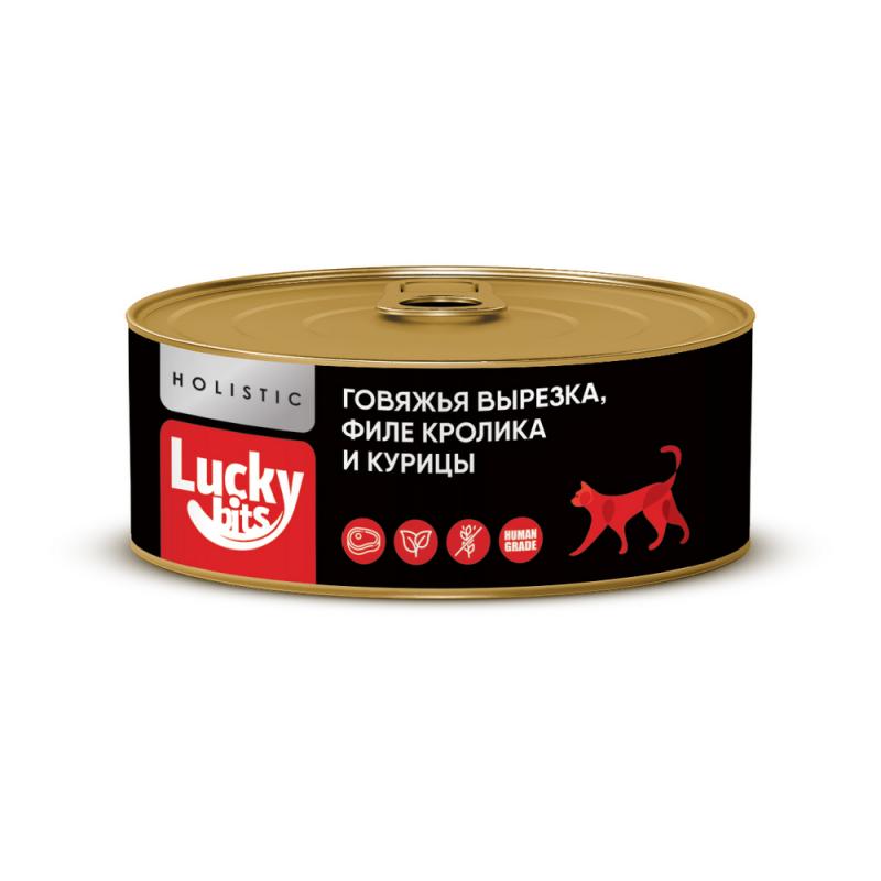 Lucky bits Консервы для кошек, говяжья вырезка с филе кролика и курицы, 100 г