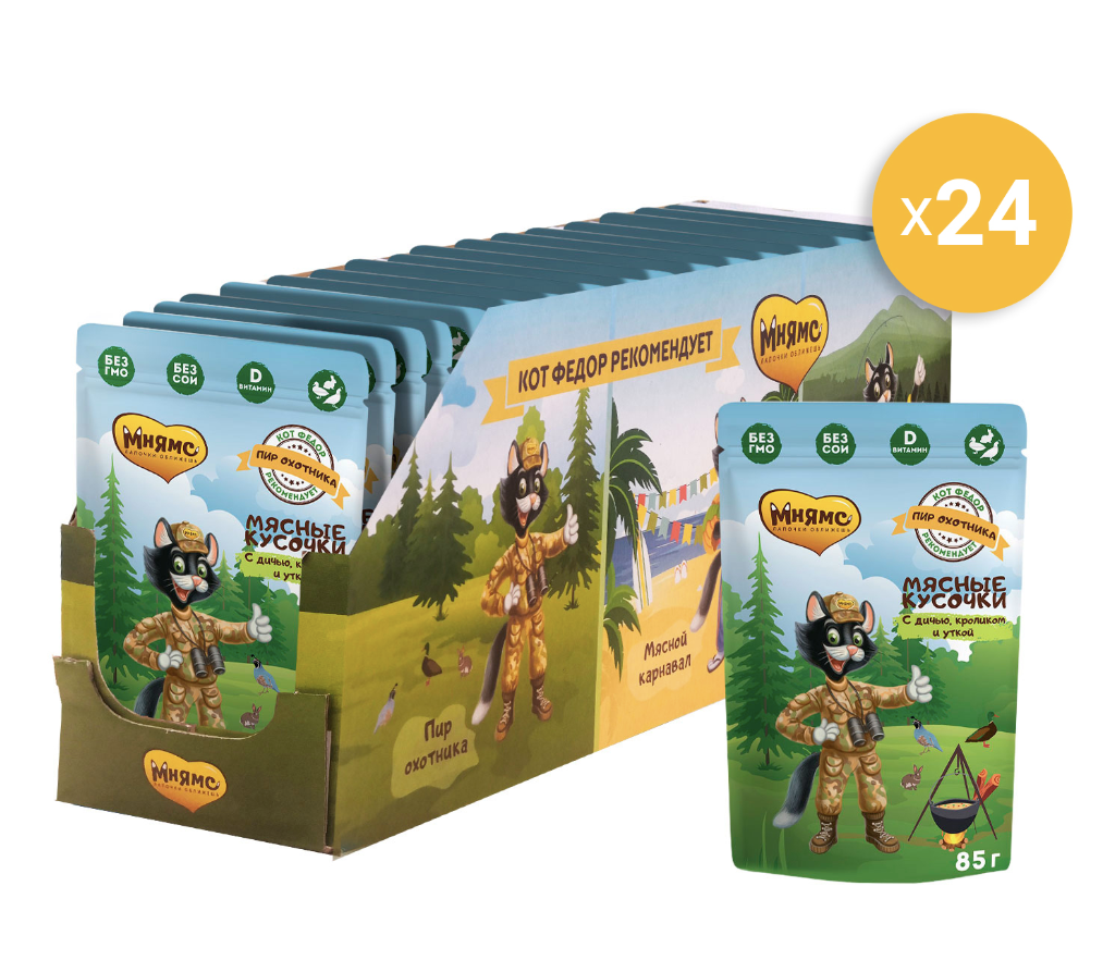 Ферма кота Фёдора Мнямс Влажный корм для кошек с уткой и кроликом 24шт-85г