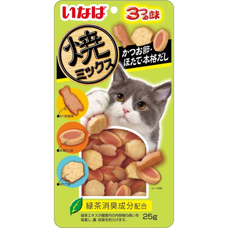 INABA CIAO Yakimiksu Лакомство запеченное  ассорти для кошек со вкусом кацуобуси, морского гребешка и наваристого бульона, 25 г 4901133635984