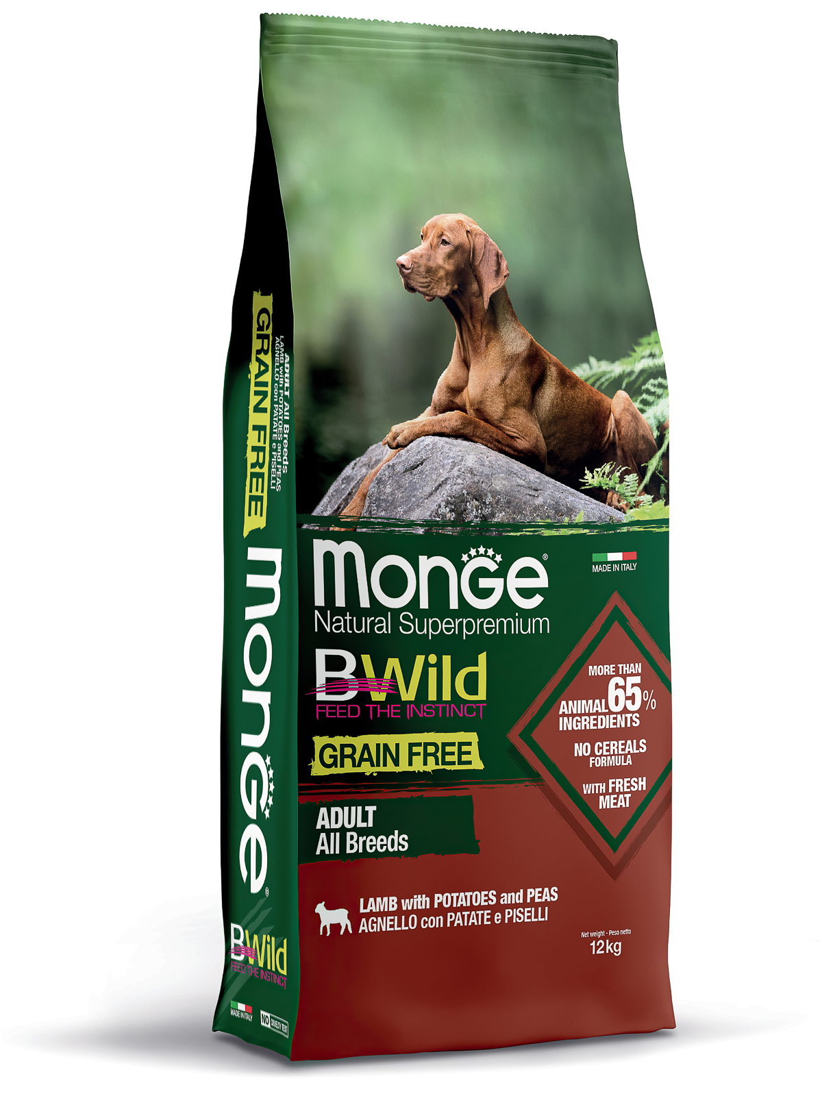Сухой корм Monge Dog BWild GRAIN FREE для взрослых собак всех пород, беззерновой, из ягненка с картофелем и горохом 12 кг