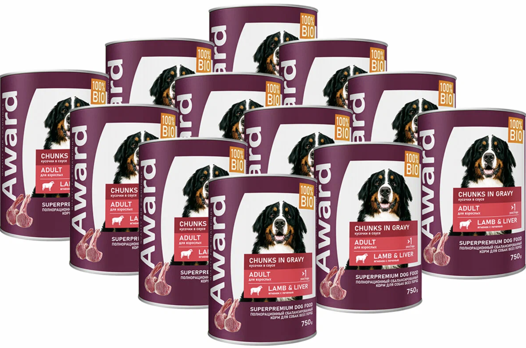 AWARD Влажный корм для собак кусочки в соусе c ягненком и печенью 12шт-750г 4620202540591