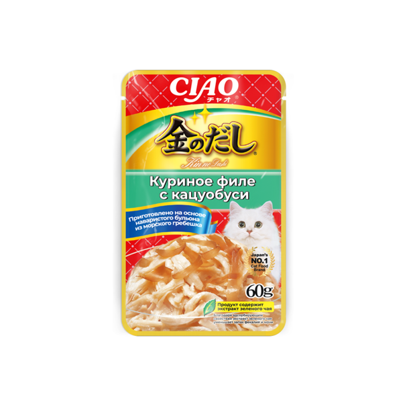 INABA CIAO Kin no dashi Влажный корм для кошек, куриное филе с кацуобуси,  60 г