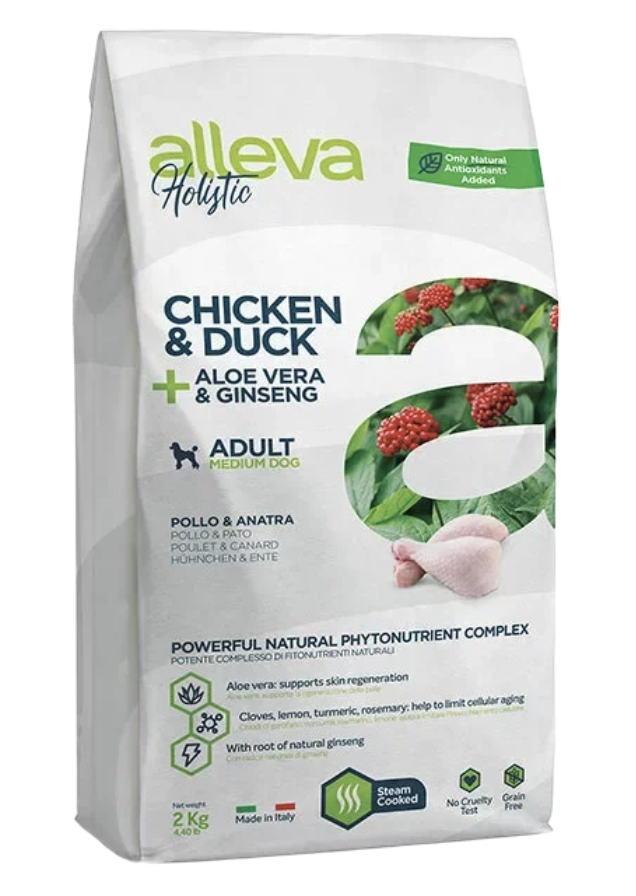 Alleva Корм для взрослых собак Аллева Холистик с курицей и уткой, алое вера и женьшенем. Медиум 2 кг 8002754002301