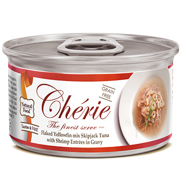 Pettric Петтрик Консервы Cherie-ТУНЕЦ С КРЕВЕТКОЙ В ПОДЛИВЕ /Flaked Yellowfin mix Skipjack Tuna with Shrimp Entrees in Gravy 80 г