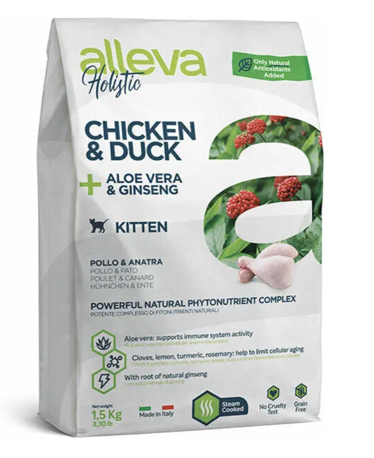 Alleva Корм для котят Аллева Холистик с курицей и уткой, алое вера и женьшенем 1,5 кг 8002754002738