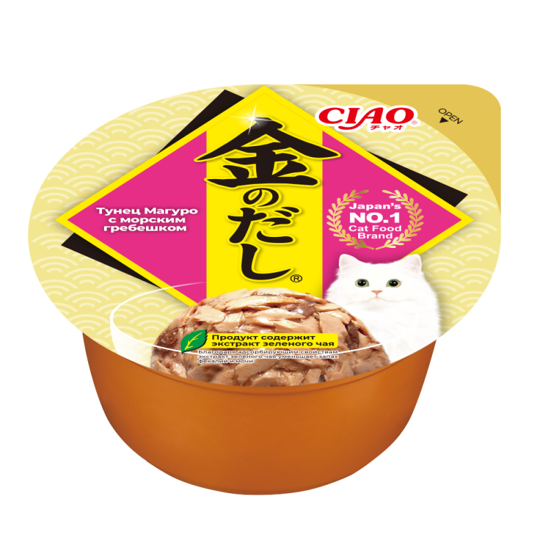 INABA CIAO Kin no dashi cup Влажный корм для кошек, тунец Магуро с морским гребешком, 70г
