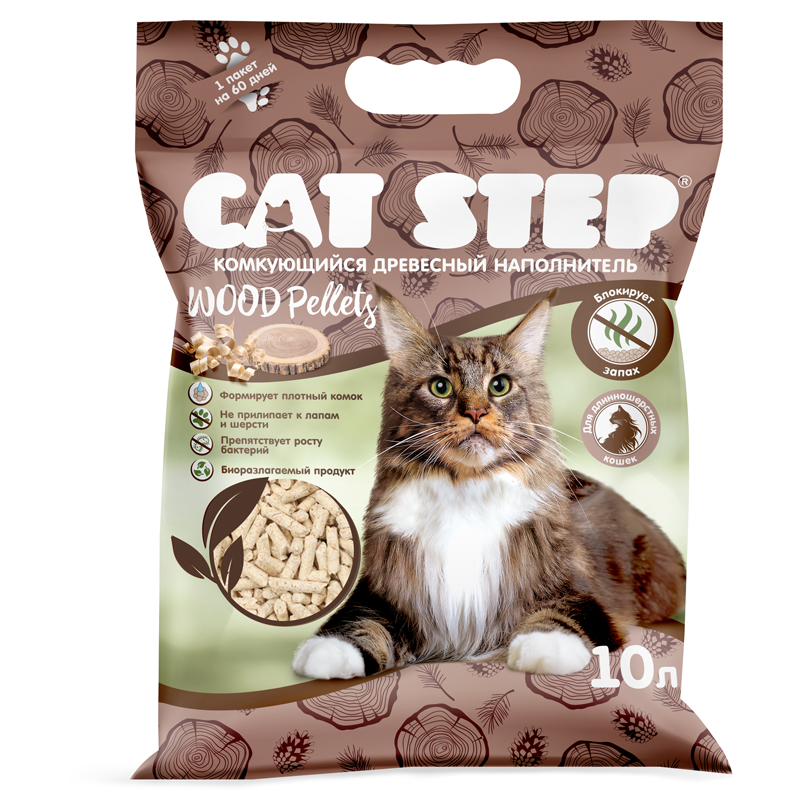 CAT STEP Wood Pellets Наполнитель комкующийся растительный , 10 л