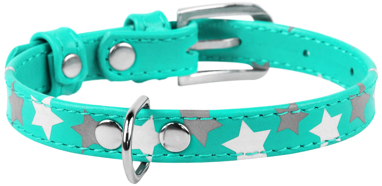 Ошейник для собак WAUDOG Glamour, с QR-паспортом, кожаный, с узором "Звездочка", светящийся (L, 35мм, 46-60см, голубой)
